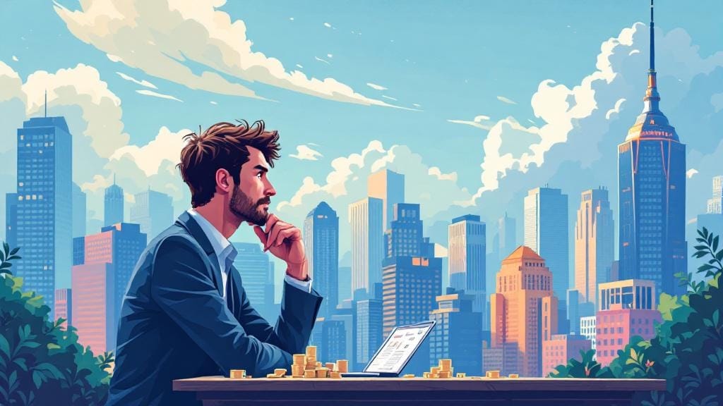 複数のカラフルなタワーマンションを背景に、男性がパソコンを開きながら悩んでいるイラスト