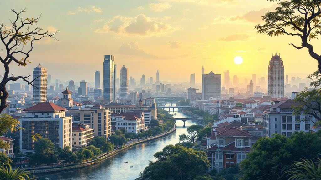 大きな川を挟んで、高層ビルや複数の家が建っているイラスト