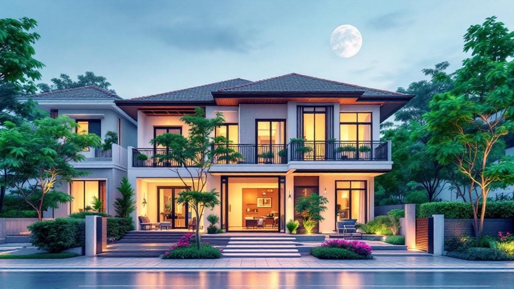 夜、明かりが漏れている黒い屋根の家が真ん中に建っていて、周りに家や木々も建っているイラスト