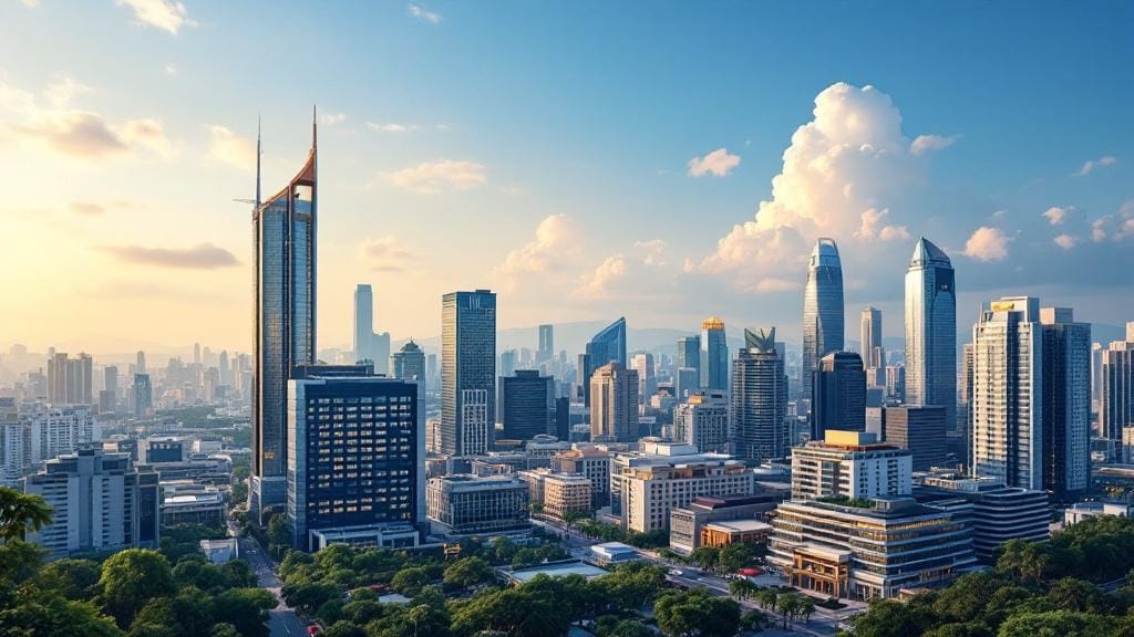 複数の白色の高層ビルやオフィスが建っている、手前には木々が生い茂っているイラスト