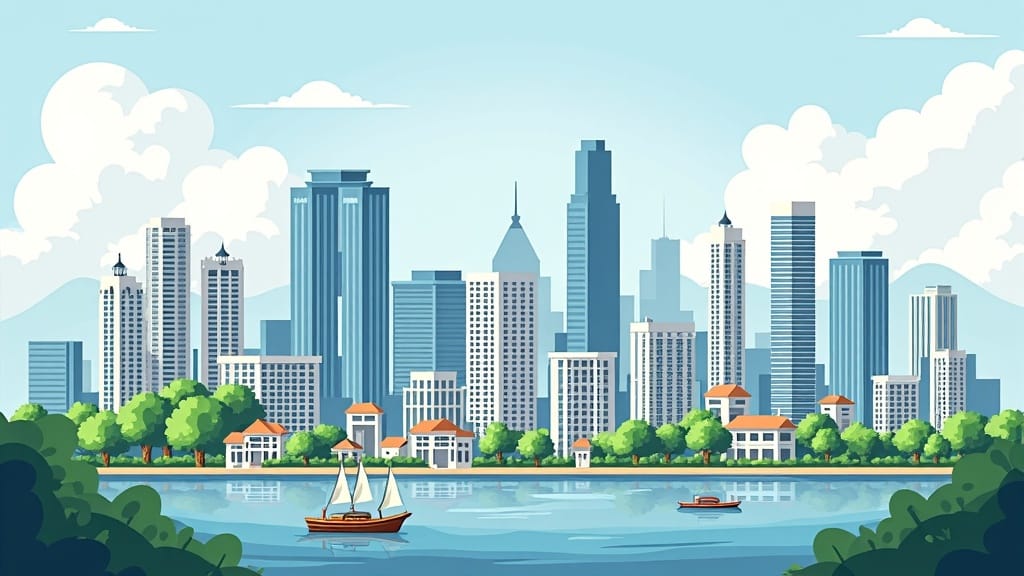 奥に水色と白色のビルが複数建っている、手前には大きな川が流れていて船が2艘浮かんでいるイラスト