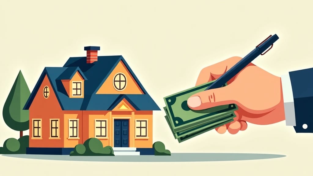 左側に紺の屋根の外装がオレンジ色の一軒家があり、右側にお札とペンを持った手があるイラスト