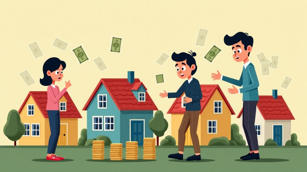 奥に赤い屋根で外装が黄色と青色と白色の家がそれぞれ建っていて、手前には人が三人立っている、周りにはお金とあるイラスト