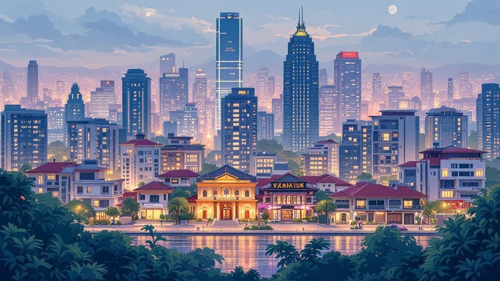 夜の景色、複数の高層ビルや家が建っている、手前には大きな川が流れているイラスト