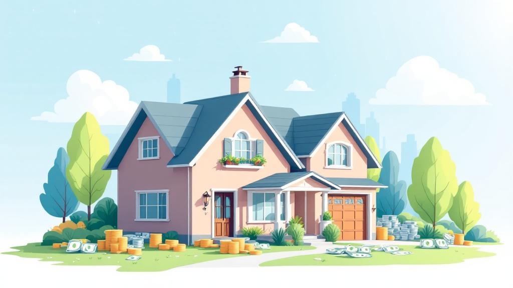 青色の屋根の一軒家があり、周りには木々やお金が置いてあるイラスト