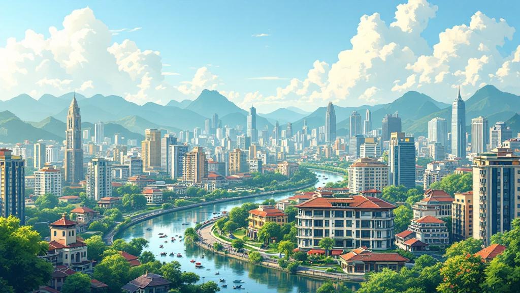 S字の大きな川を挟んで、複数のビルや赤い屋根の家が建っている、奥には山々がみえるイラスト