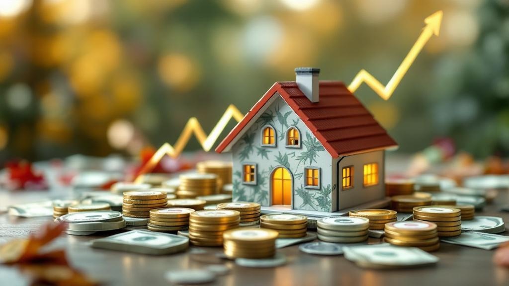 赤い屋根で外装が草柄の家の模型があり、手前にはたくさんのお金が積まれている、奥には黄色の折れ線グラフがみえるイラスト