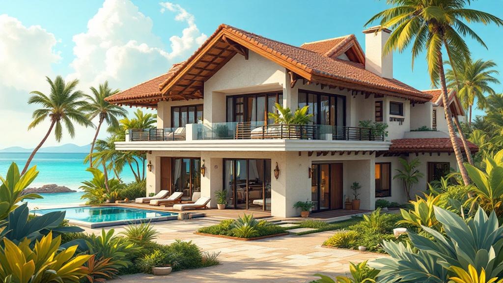 茶色の屋根のリゾート施設があり、庭にプールがある、周囲にはヤシの木がたくさん植えられている