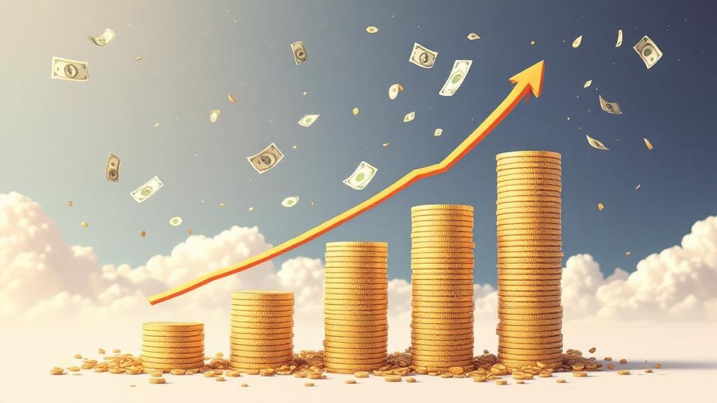 お金が左からどんどん増えながら積まれていて、その上で黄色の矢印が上昇している、また、たくさんのお札が空から降ってくるイラスト