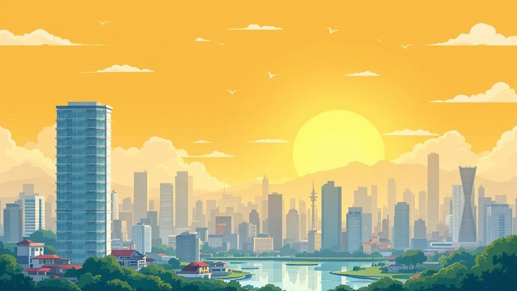 夕焼け空、左側に高層ビルが建っていて、周りに赤い屋根の家が数軒建っている、奥にもたくさんのビルがみえるイラスト