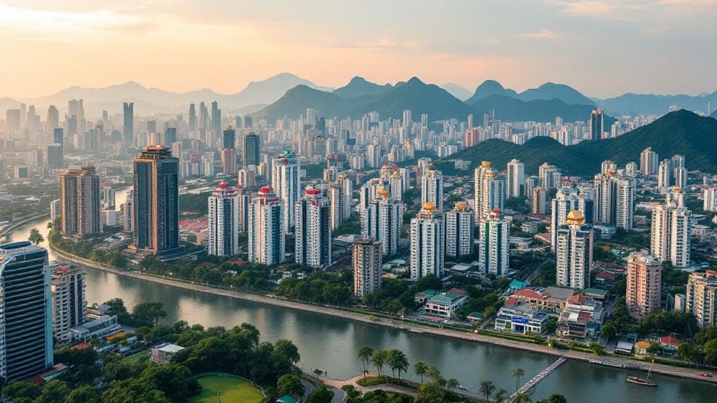 高層ビルがまばらに複数建っていて、手前には大きな川が流れているイラスト