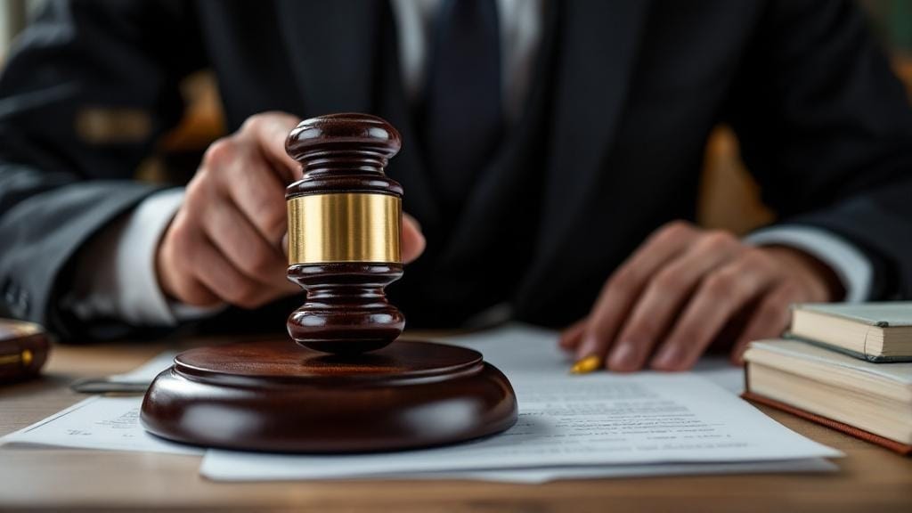 スーツを着た男性がガベルを叩いている、机には二冊の本と書類が置いてあるイラスト