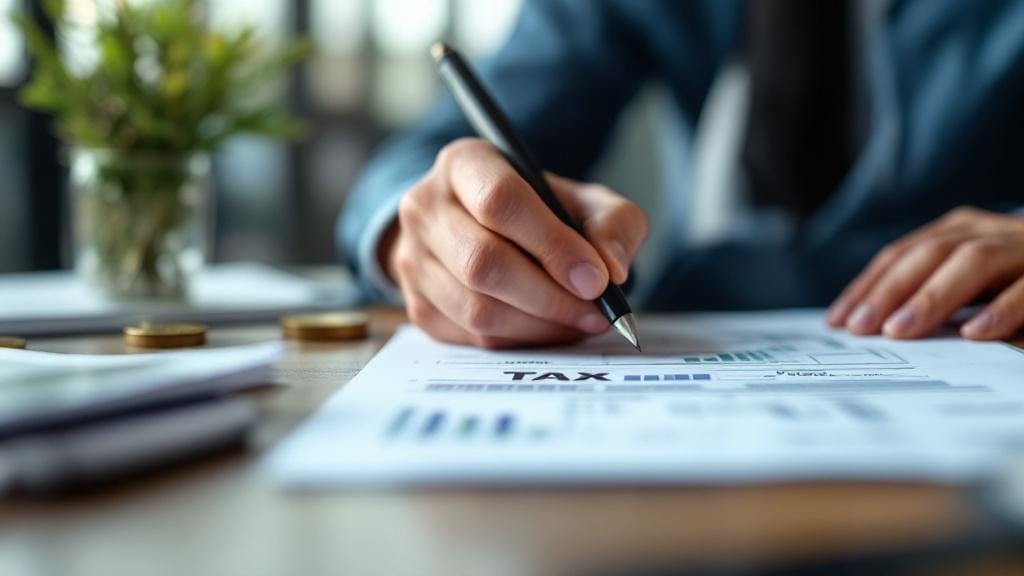 黒い服を着た人が右側でペンを持って書類に文字を書こうとしているイラスト