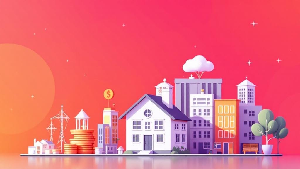 赤い背景に、いろんな大きさの家やビルなどの建物が並んで建っていて、お金も一緒に積んで置いてあるイラスト