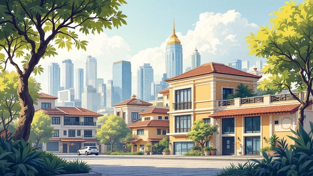 茶色い屋根の建物が複数建っていて、その奥では水色のビルがたくさん建っている、手前には木々が生い茂っているイラスト