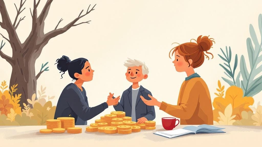 左から女性、男性、女性の順で居て、たくさんのお金とノート、コップを机に置いて話し合っているイラスト