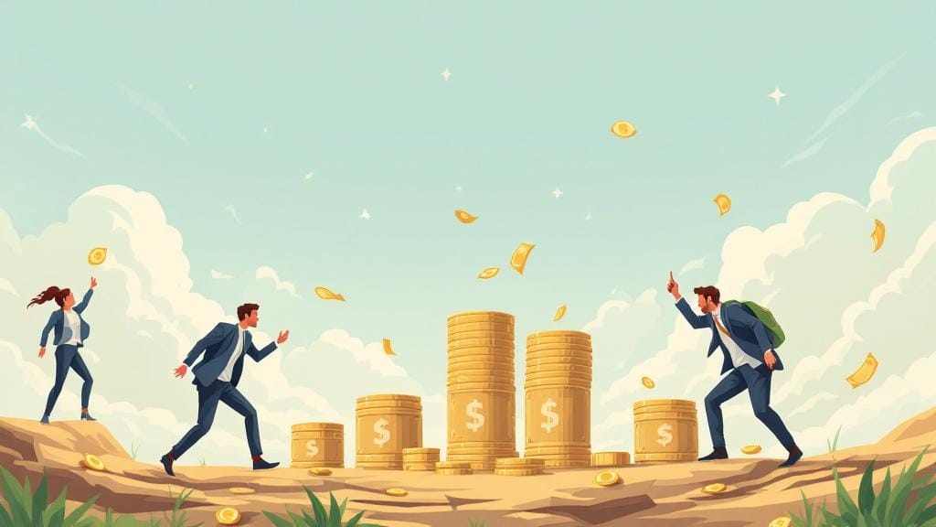 黒いスーツを着た女性が一人、男性が二人いて、その真ん中にはコインがたくさん積まれているイラスト