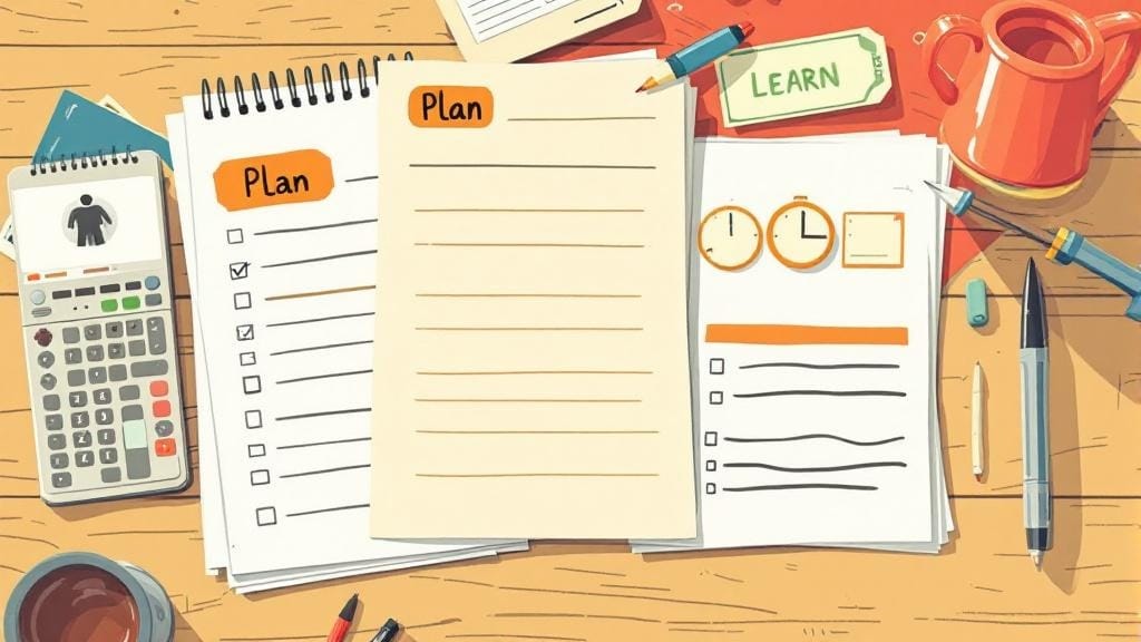 机に数枚の書類、ノート、ペン、電卓、コーヒーが置いてあるイラスト