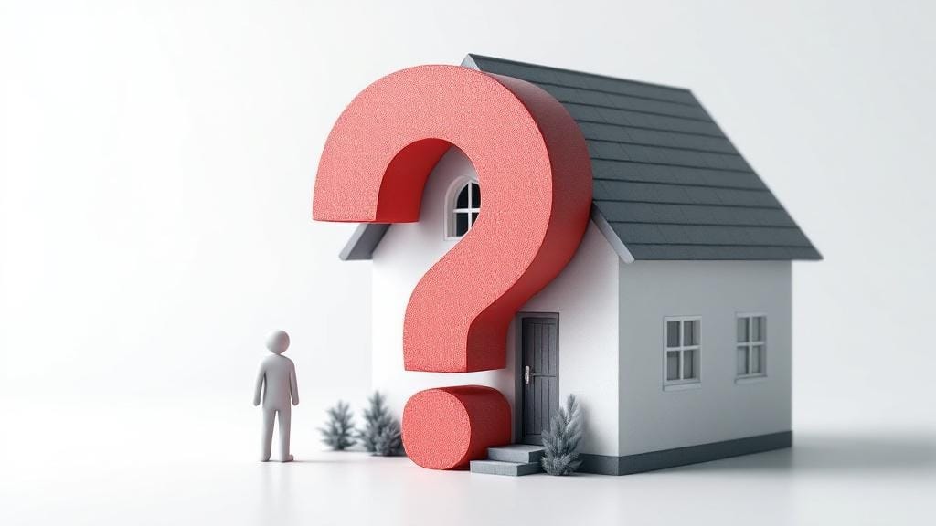 黒い屋根の一軒家の模型があり、入り口付近に赤いはてなマークがくっついている、左には小さな白いおもちゃの人間が立っているイラスト