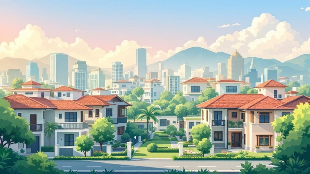 赤い屋根の家がたくさんまばらに建っていて、その間には木々が植えられている、奥にも複数の建物が密集して建っているイラスト