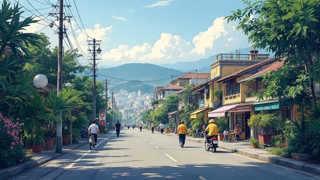 人々が行き交う広い道路を挟んでいろんな色の建物が奥までずらっと並んで建っていて、その間にはたくさんの木々が植えられているイラスト