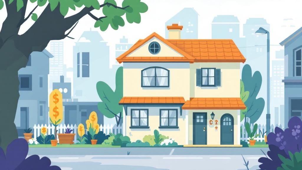 オレンジ色の屋根の家が建っている、周囲にはお金の木が複数植えられていて、青色の建物が数件建っているイラスト