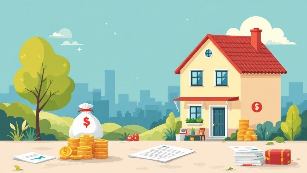 右側に赤い屋根の一軒家が建っていて、左側に木とお金がある、手前には書類がまばらに置いてあるイラスト