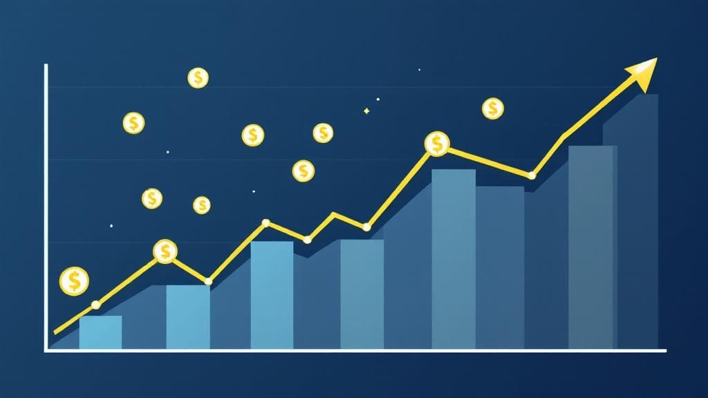 棒グラフと折れ線グラフがどんどん上昇していく様子、お金も複数散らばっているイラスト