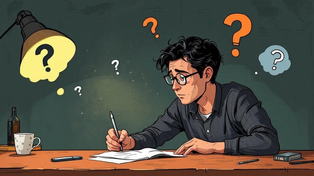 男性が椅子に座って書類にペンで何か書いている、頭部周りにははてなマークがいくつか浮いているイラスト