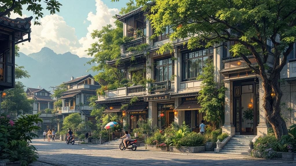 白い大きな建物があり、その周りには木々や緑の植物が纏っている、奥にも同様の建物が建っているイラスト