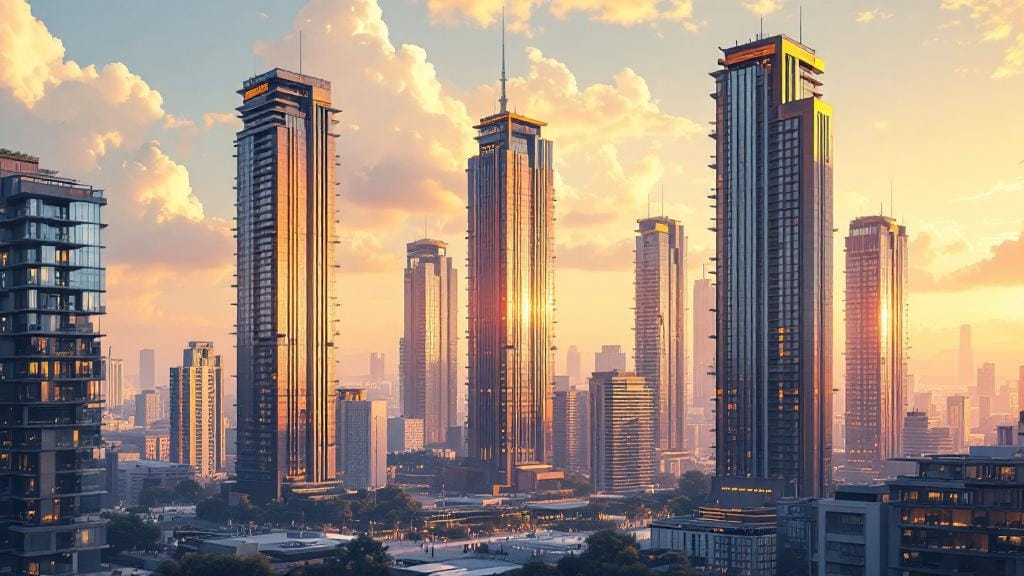 夕焼け空、複数のタワーマンションがまばらに建っているイラスト