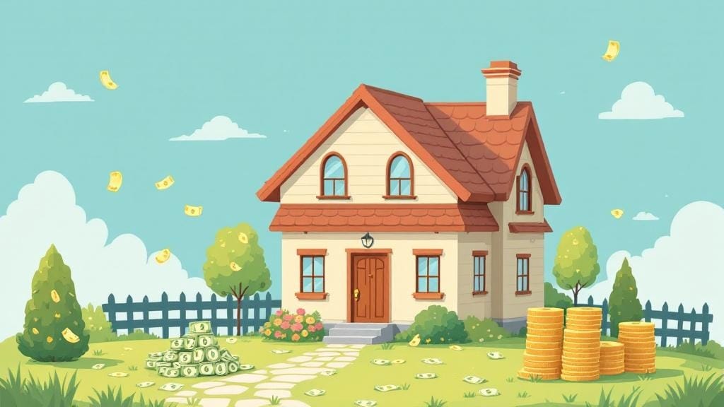 赤い屋根の一軒家が建っていて、その手前にはお金がたくさん積まれている、空にはお札が数枚舞っているイラスト
