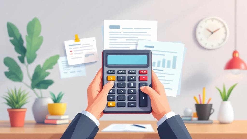 スーツを着ている人が電卓を操作している、その奥には壁があり、書類や時計がかかっているイラスト