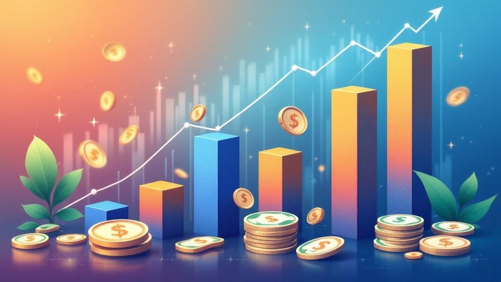 カラフルな棒グラフがだんだん高くなっていく様子、その周りにはお金が複数あるイラスト