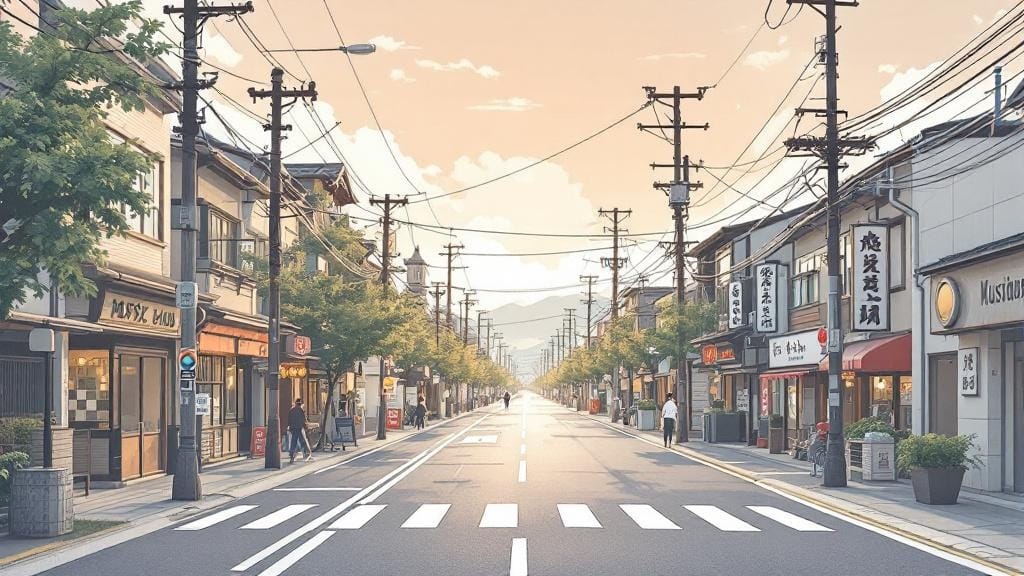 広い道路を挟んで、複数の商店が奥までずらっと建っているイラスト