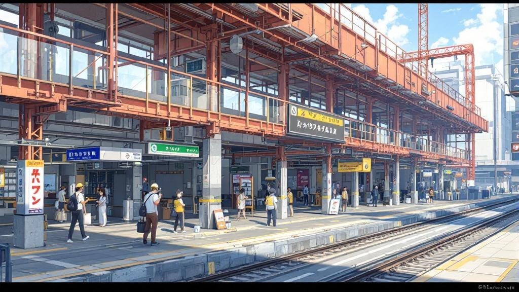 駅のホームを赤い鉄骨で工事している、たくさんの人々が行き交っているイラスト