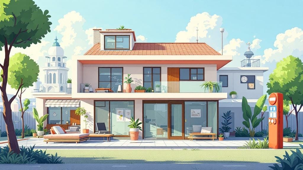 オレンジ色の屋根の窓がたくさんある家があり、周りには木々が植えられているイラスト