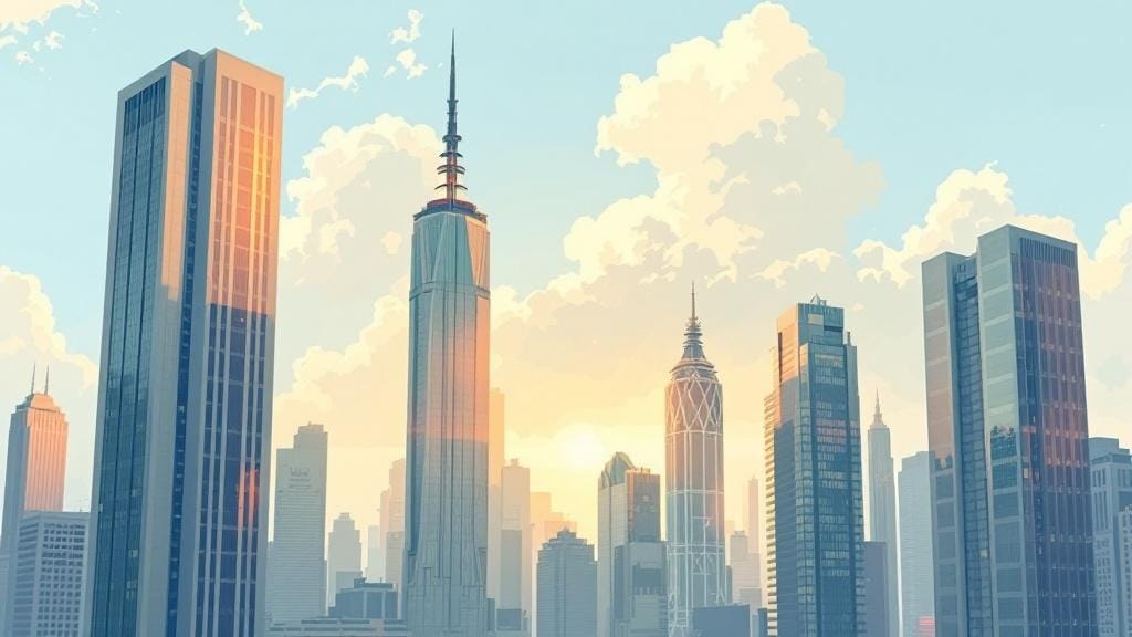 夕焼け空、灰色の高層ビルが複数まばらに建っているイラスト