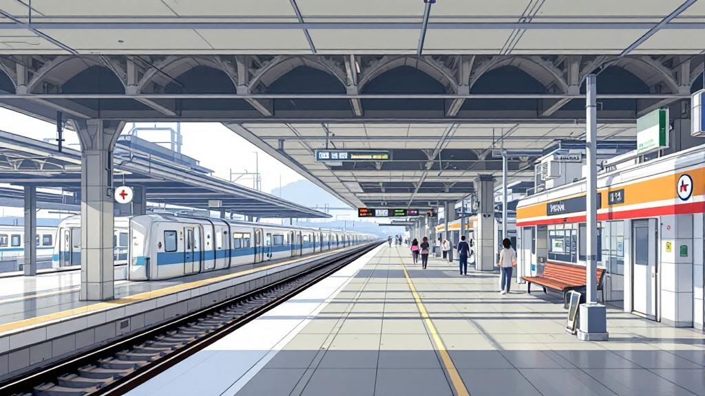 駅のホームには人が数人歩いている、右側には売店と茶色のベンチがあり、左側には新幹線が停まっているイラスト