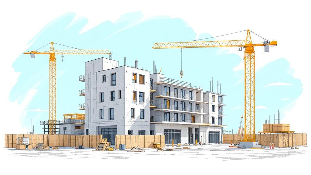 黄色のタワークレーンが二台あり、あまり高さのない白色のビルを工事しているイラスト