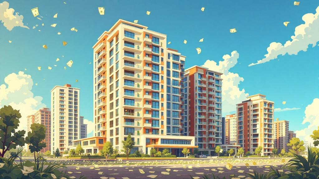 白とオレンジ色のマンションが複数建っている、手前には広い道路が通っている、空にはたくさんのお札が舞っているイラスト