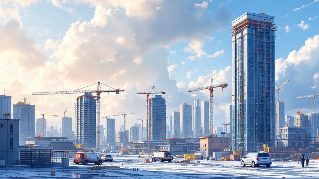 晴れているが一部曇っている空、高層ビルがいくつか建っていて、工事を行なっている、手前には車が四台まばらに停まっているイラスト