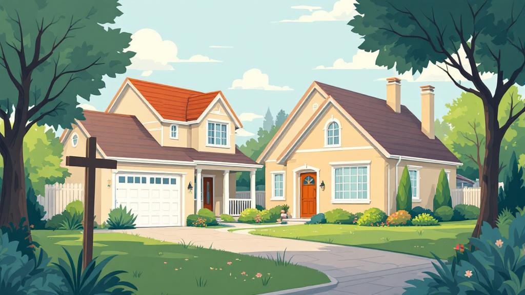 赤色と焦茶色の屋根の家と焦茶色の屋根の家が一軒ずつ建っている、手前には広い庭があり、大きな木が複数植えられているイラスト