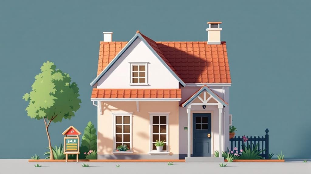 赤い屋根の一軒家が建っている、左側には木と草が生えていて、三角屋根の看板が立っているイラスト