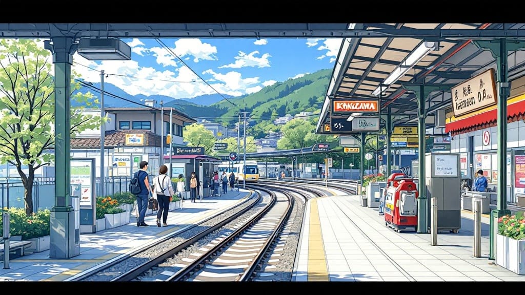 天気の良い日、駅では複数の人が歩いている、奥から黄色の電車がこちらに向かって走ってきているイラスト