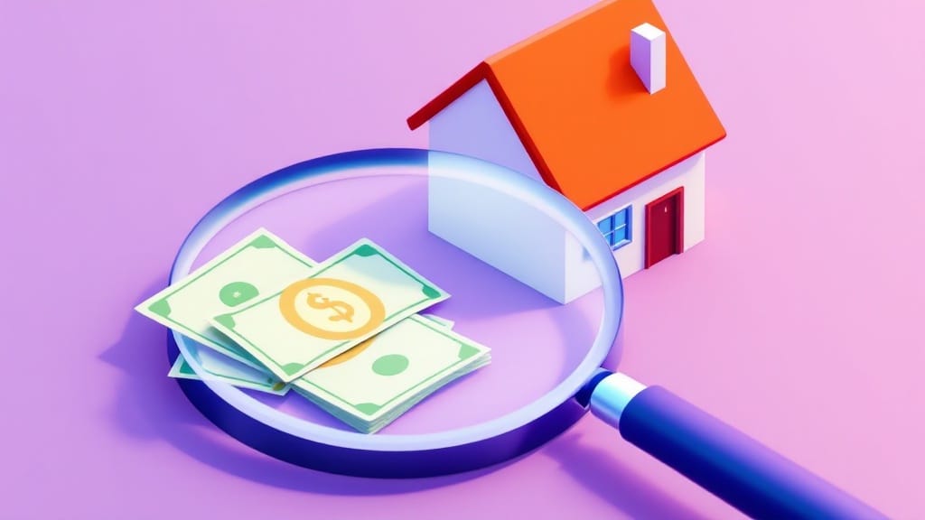 紫とピンクのグラデーションの背景、そこにオレンジ色の屋根の一軒家とたくさんのお札と虫眼鏡があるイラスト