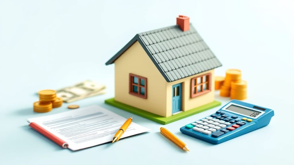 黒い屋根の家の模型があり、その周りに電卓、ペン、書類、お金が複数積まれているイラスト