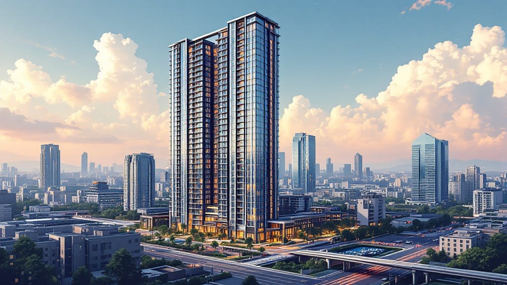 曇り空、真ん中に部屋から明かりが漏れているタワーマンションが建っていて、その周りにはたくさんの小さなマンションや木々が立っているイラスト