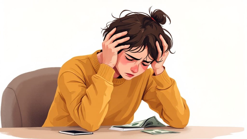 黄色の服を着ている女性が椅子に座って頭を抱えている、机にはお札が置いてあるイラスト