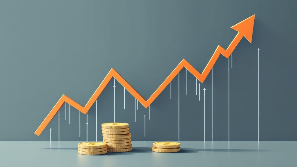 灰色の背景、オレンジ色の折れ線グラフがあり、その下にはお金が積まれているイラスト